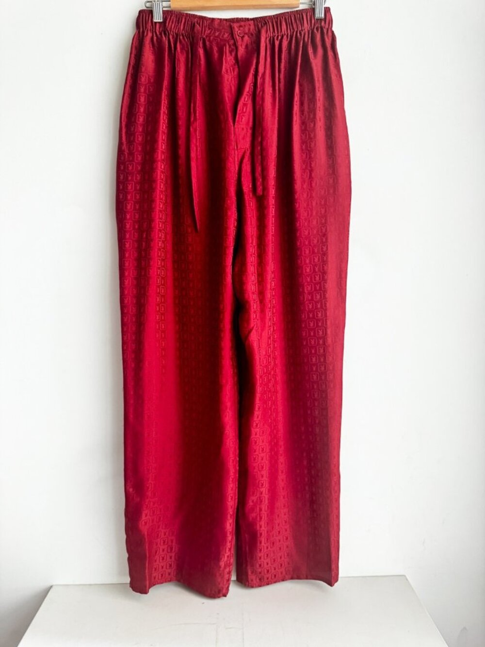 Vintage PLAYBOY Y2k Bunny head Embossed Burgundy Red SILK Pyjama Pants M